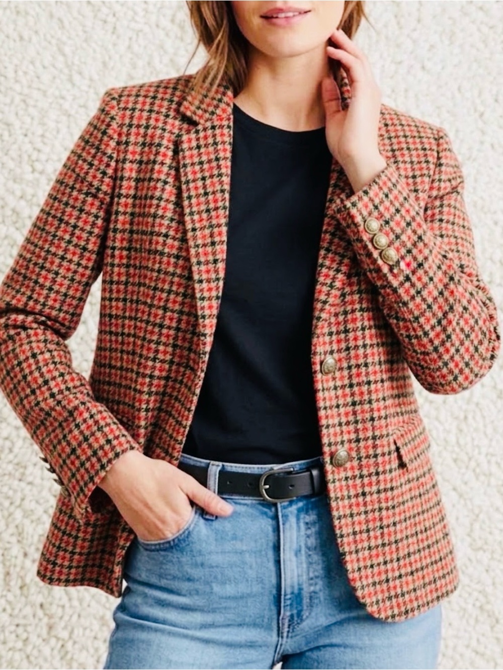 Talbots Wool Blend Shetland Aberdeen Houndstooth Double Button Blazer 2P Preppy